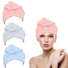 Paquete de 3 toallas de microfibra para el cabello rizado, toalla de secado rápido con botón para secar el cabello, gorro de baño