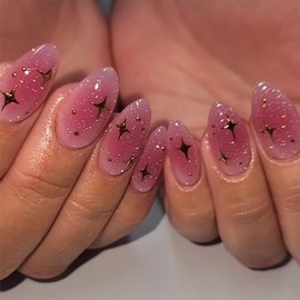 FIEONCIY Press on Almond Nails Medium Length Glossy Acrylic Almond Shaped False Nails with Designs Artificial Medium Fake Nails with Charms Glue Stick on Fingernails for Women Girls(JP3823)