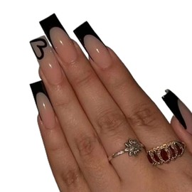 DANMANR Square Press on Nails Short Fake Nails French Acrylic Full Cover False Nails for Women and Girls 24PCS (Black French)