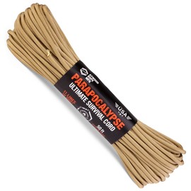 Atwood Rope MFG Parapocalypse Paracord 7-Strand Core with Fire Starter Waxed Jute, 10lb Mono Fishing Line, Dyna-x, and Kevlar Cord 625lb Test (Tan, 50)