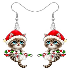 RAIDIN Acrylic Cute Christmas Cat Pets Earrings for Women Girls Anime Kitten Dangle Hook Earrings Jewelry Gifts for Cat Lovers (Red)