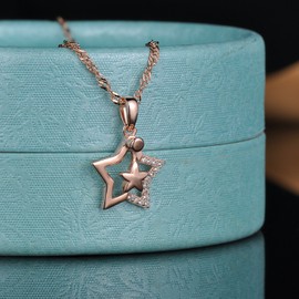 Yumilok Jewelry 925 Sterling Silver Cubic Zirconia Rose Gold Plated Double Hollow Stars Pendant Necklace for Women/Girls