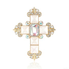 Gold Rhinestone Large Cross Brooch Pins for Women,Retro Statement Cubic Zirconia Geometric Clothing Pin Dainty Formal Anniversary Jewelry Gifts (White)