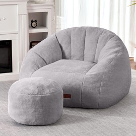HABUTWAY Bean Bag Chair, Giant Bean Bag Chairs for Adults with Ottoman, Comfy Faux Fur Shell-Shaped Bean Bag Couch, Sofa Chair for Living Room, Bedroom, Grey