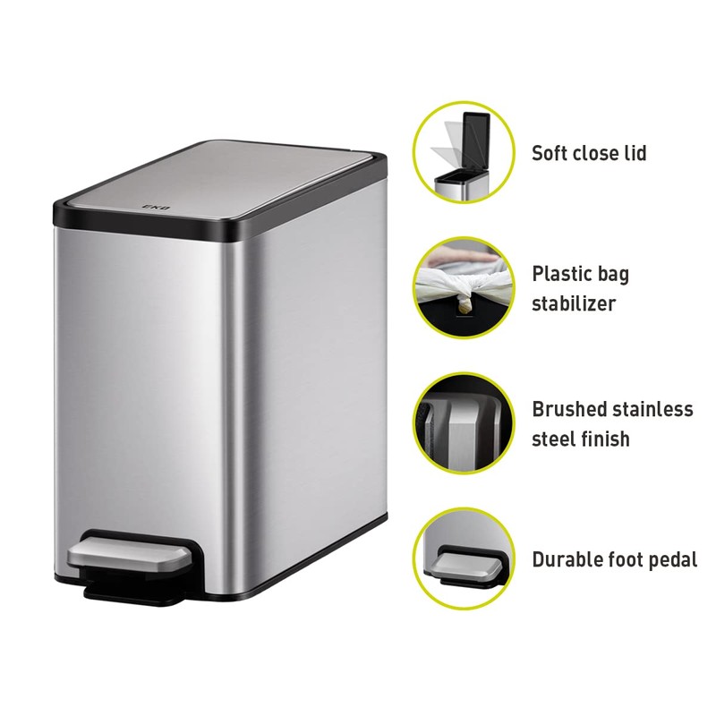 EKO Slim Small Bathroom Trash Can with Lid, Stainless Steel