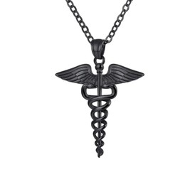 U7 Necklace for Men and Women, Angel Wings Caduceus Chain, Aesculapse Staff, Caduceus Pendant, 316L Stainless Steel, Medical Doctor Amulet, Nurse Chain Pendant, Fashion Jewellery for Birthday,