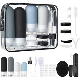 Kit de Viaje Aseo Personal – Set de 20 Esenciales para Viajar, Botellas Aprobadas para Avión, Fugas Controladas Loción, Champú, Acondicionador y Gel de Ducha
