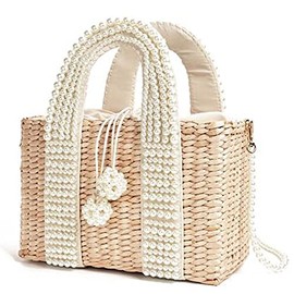 Giilayky New Women's Bag with Pearl Ladies Tote Handbags Handmade Straw Basket Messenger Bag for Vacation Life