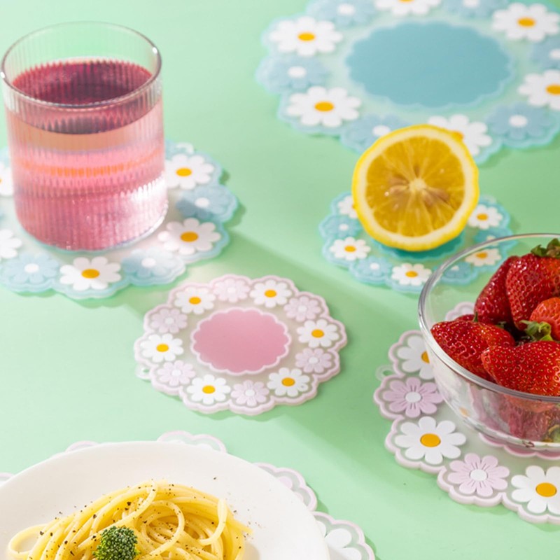 6Pcs Silicon Cup Coasters, Cherry Blossoms and Daisies Coasters, Non-Slip