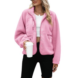 Yanekop Womens Fleece Jacket Fuzzy Long Sleeve Short Coats Button Down Sherpa Outerwear with Pockets(A Light Pink,S)