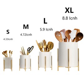 SIEBOLD Gold Pencil Cup Sturdy Metal Frame With White Ceramic Pen Holder For Desks and kitchen Appliance Holders