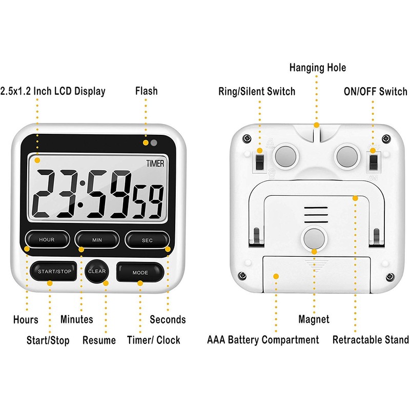 Upgraded Digital Kitchen Timer, ON/OFF Switch, 12/24 Hour Clock and