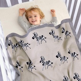 DovFanny Baby Blanket 100% Cotton Knitted Soft Blanket for NewBron with Lovely Zebra, 100 x 80cm Brown