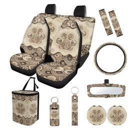 Suobstales Boho Mandala Dog Paw Print Car Accessories Set of 13 Car Seat Covers Steering Wheel Cover Car Cup Holders Keychains Auto Trash Bin Seat Belt Pads Rear View Mirror Cover for SUV Truck Sedan