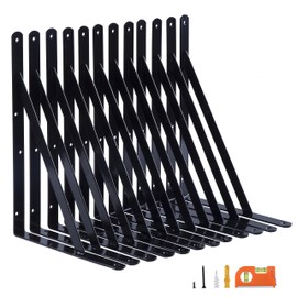 NEODROP 12-Pack 14 Inch Heavy Duty Shelf Brackets, Thicken Wall Bracket for Garage Floating Storage Shelves, 90 Degree Triangle Large L Bracket, Black Powder-Coated Steel