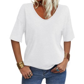 EasyGala Women's V Neck T Shirts Elbow Length Tee Shirts Loose Fitting Tops Cute Summer Trendy Tops (Half Sleeve) A White X-Large