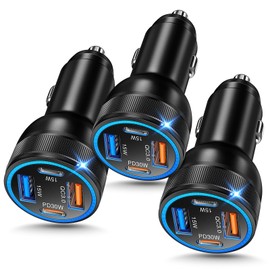 3-Pack Car Charger,4-Port 65W PD+QC 3.0 Car Charger USB C Fast Charge