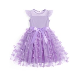 Arshiner Toddler Dress Girls Summer Ruffle Sleeve Mesh A Line Formal Party Tulle Dresses with Pockets Purple Flower