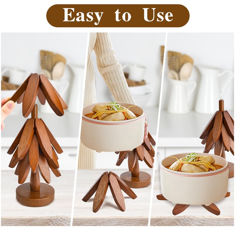 4 Wooden Hot Food Coasters with 1 Stand, Table Insulation