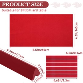 Mixweer Billiard Cloth for 8 ft Pool Table Pre Cut Felt with 6 Cloth Strips and 6 Pool Table Rubber Bumpers for Bars, Clubs, Hotels Replacement(Red)
