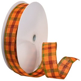 Morex Ribbon Autumn Hayride - Cinta de tela con alambre a cuadros, naranja, 1-1/2 pulgadas x 50 yardas