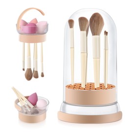 3 in 1 Makeup Brush Cleaner Bowl and Dryer, Silicone Simply Makeup Brush Cleaner Mat, Waterproof Makeup Brush Holder with Lid, Cosmetic Tools Organizer (Khaki)