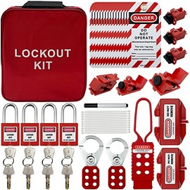 Lockout Tagout Kit - Clamp-On Circuit Breaker Lockout, Group Lockout Hasps, Lockout Tag, Universal Multi- Pole Breaker with Pocket Bag (Bigger Red Kit)