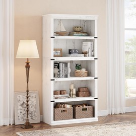 IDEALHOUSE 5-Tier Wooden Bookcase, Farmhouse Storage Book Shelf with Display Shelves, Tall Book Case for Home Office, Living Room, Bedroom, White, 67.4" H x 31.5" W x 12.8" D