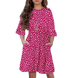 HOSIKA Girls Dress Ruffle Sleeve Vintage Floral Leopard Pleated Waist Summer Boho Holiday Sundress for Kids 6-12 Years Rose Red S