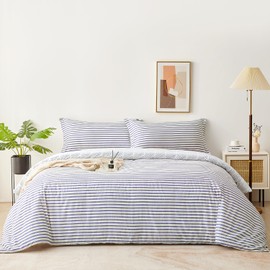 SAPHREAS Striped Duvet Cover Set Queen Size 3pcs White Blue Yellow Stripes Geometric Pattern Comforter Cover Set 100% Cotton 1 Quilt Cover 2 Pillow Shams