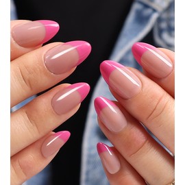 Kikmoya Short Almond Press on Nails - Nude Fake Nails with Hot Pink French Tip Designs Reusable Acrylic False Nails Glossy Full Cover Stick on Nails for Women 30 Pcs