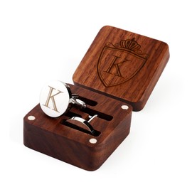 Mens Initial Silver Cufflinks A-Z Alphabet Letter Steel Cuff Links with Engraved Walnut Wood Box Groom Groomsman Wedding Set (K)