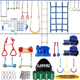 Ninja Warrior Obstacle Course Kids - 2 x 65ft Double Slacklines -Plenty of Exciting Obstacle Net Net Rope Ladder Monkey Bars - Ninja Course for Kids Outside, Kids Obstacle Course Backyard - SIZE: 65FT (double rope version)