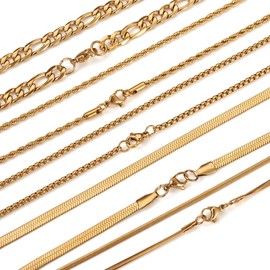 Fashewelry 5pcs Stainless Steel Golden Chain Necklace 17~23 Inch Dainty Jewelry Necklace with Snake Chain & Figaro Chain & Rope Chain & Herringbone Chain & Box Chain for Women Grils