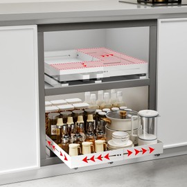 AmzAge 4 Sides Expandable Pull Out Frame Cabinet Organizer,Suitable For Cabinets With Lips.Slide Out Drawers,No Drill Design,Heavy Duty Storing and Organizers,12.8"W-20.5"W,12.8"D-17.5"D,White