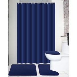 Hosuly 4 Pcs Bathroom Shower Curtain Set with Non Slip Rugs, Toilet Lid Cover and Bath Mat, Waterproof Bathroom Curtains with 12 Hooks Shower Set for Solid Color Bathroom Decor (Blue)