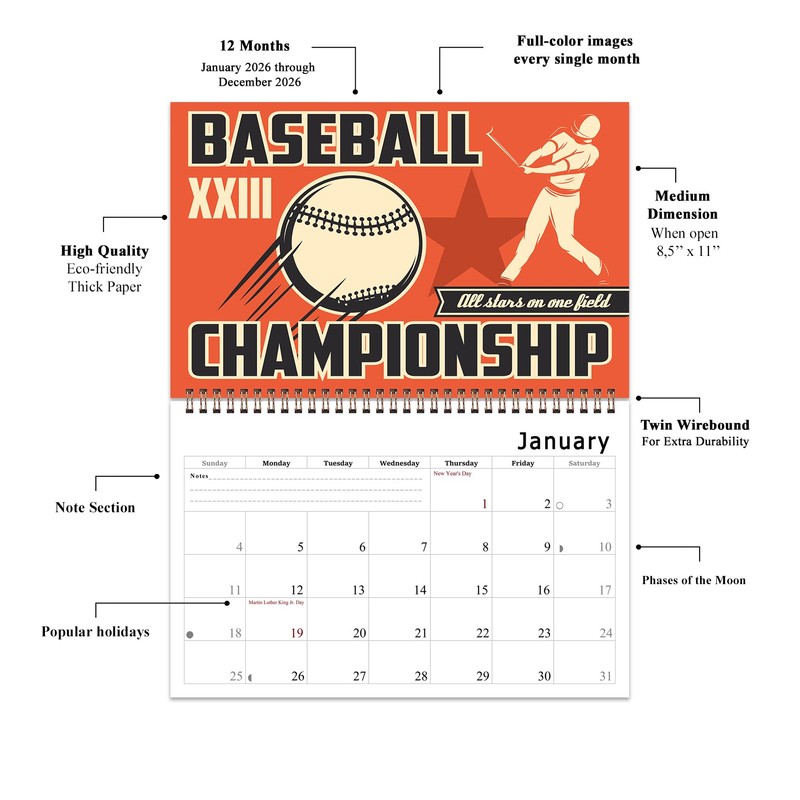 2026 Spiral-bound Wall Calendar (Baseball) - 12 Months Desktop/Wall Calendar/Planner