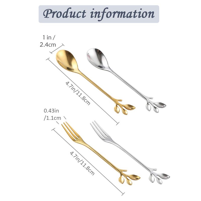 Turbokey Coffee Spoon Fork 4 Pack(2 Spoons 2 Forks),Silver Leaf