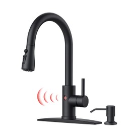 FORIOUS Black Touchless Kitchen Faucet with Soap Dispenser, Hands-Free, Smart Motion Sensor, Contemporary Sink Faucet with Pull Down Sprayer for Farmhouse RV Bar Camper
