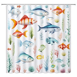 FILMILIL Tropical Fish Shower Curtain Nautical Cartoon Ocean Fishes Coastal Beach Sea Animal Teen Beachy Theme Summer Bathroom Curtain Set Polyester Fabric Hooks 70 X 70 Inch