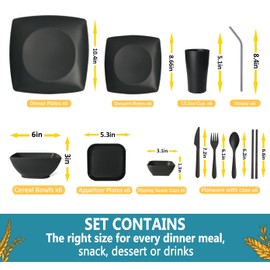 Teivio 66-piece With Flatware Plastic Kitchen Wheat Straw Square Dinnerware Set for 6, Unbreakable Dinner/Salad/Appetizer Plates, Snack Bowls, Dipping Sauce Cups,Tumblers, Dishwasher Safe Dish,Black