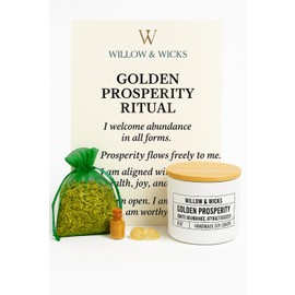 Golden Prosperity Candle Ritual Kit – 8oz Soy Candle - Manifestation Set with Herbs, Citrine Crystals, Gold Mica & Guided Meditation | Contains Essential Oils