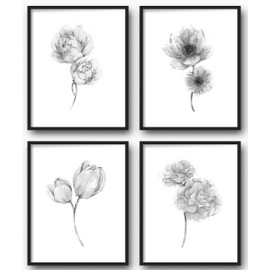 Brooke & Vine Botanical Prints Wall Art - (UNFRAMED 8 x 10) Minimalist Black and White Boho Decor, Bohemian Living Room Bedroom Bathroom Entry Way Office (Black and White Florals)