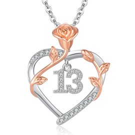JUSTKIDSTOY 13th/15th/16th/18th/30th/40th/50th/60th/70th/75th/80th/85th/90th Birthday Gifts for Women Daughter 925 Rose Flower Birthday Pendant Necklace for Wife Mom Jewelry, Plata esterlina, Circonia