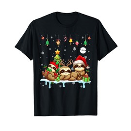 Three Santa Claus Reindeer Elf Sloths Christmas Animal Lovers Children's T-Shirt, black