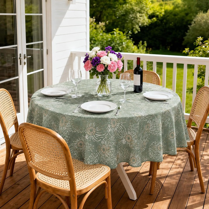 Sage Green Round Tablecloth, Abstract Floral Design, 70 in