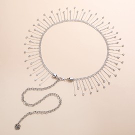 Faletony Fashion Glitter Chain Belt Rhinestone Belt with Rhinestone Tassel Shiny Waist Chain Waist Belt Silver Hip Chain Best Decoration for Jeans Dress Coat