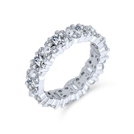 Timeless Cubic Zirconia AAA CZ Alternating Round & Baguette Flower Anniversary Eternity Wedding Band Ring For Women .925 Sterling Silver