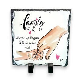 Family Slate Plaque with Stand 15 × 15 cm – “Family Where Life Begins & Love Never Ends” Decorative Home Décor