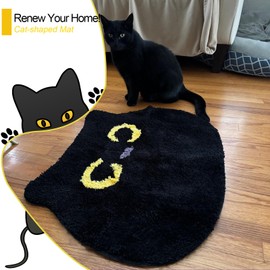 LEEBOX Black Cat Bath Mat, Funny Animal Shaped Shower Mat, Cute Welcome Door Mat, Absorbent Bathroom Rugs Non Slip, Washable Floor Rug (Black, 27"x22")